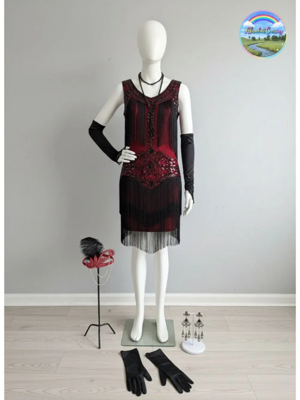 1920s Flapper Dress Set Lace V Neck Fringed Roaring 20s Costume